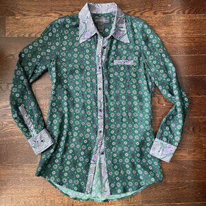 Jennifer Chun 100% Silk Emerald Green Print Shirt Blouse-Size 2